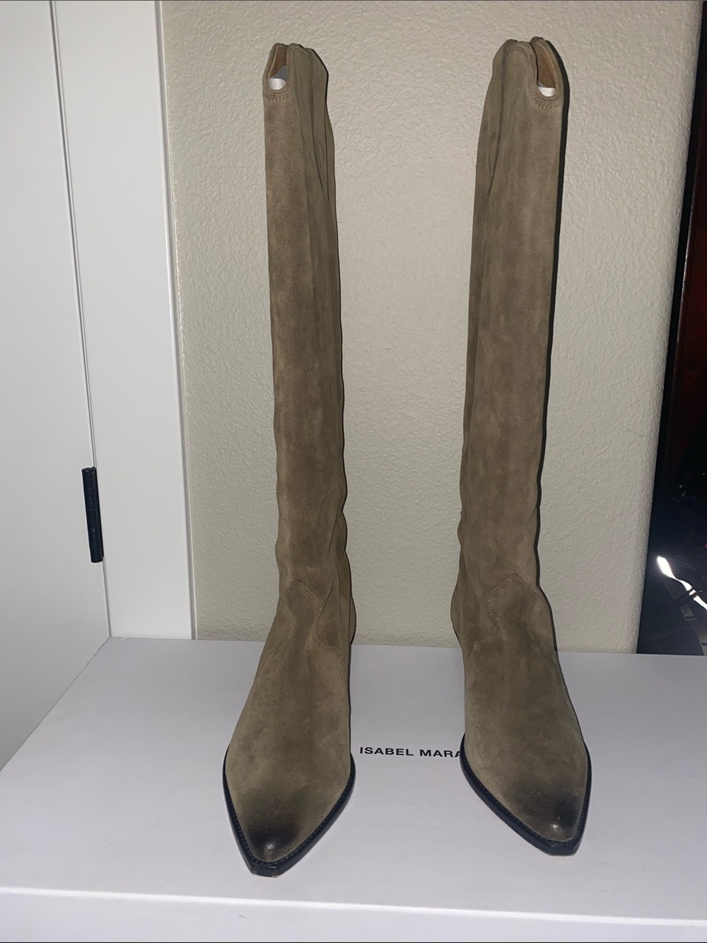 Isabel Marant Olive-Taupe Suede Over-the-Knee Pointed Boots